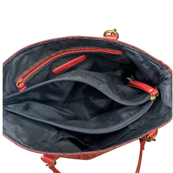 Tommy Hilfiger Tote Bag Red Logo Fabric Leather Trim Goldtone Hardware Chain - Picture 9 of 15
